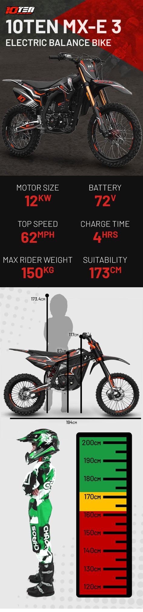 10Ten MX-E 3 19/16 50AH 12kw 87cm Electric MX Dirt Bike