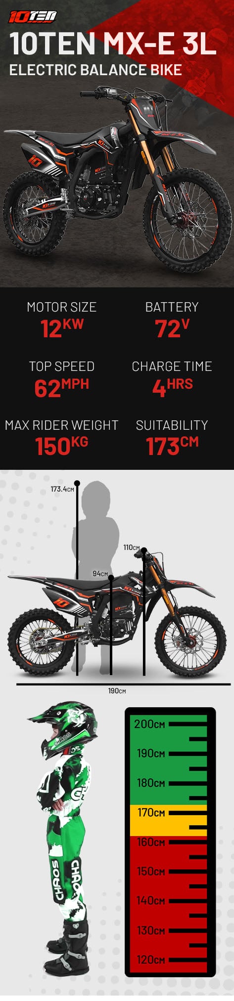 10Ten MX-E 3L 21/18 50AH 12kw 96cm Electric MX Dirt Bike
